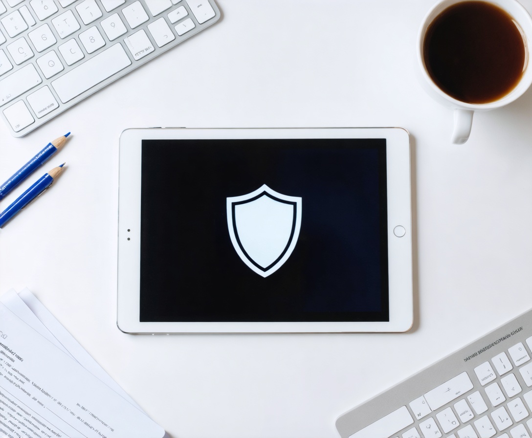 Вид сверху на стол с планшетом, на экране которого иконка щита, символизирующая защиту данных