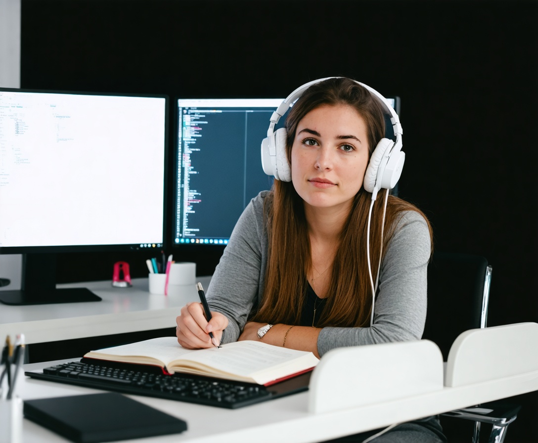 Студентка сосредоточенно изучает учебные материалы академии на нескольких мониторах